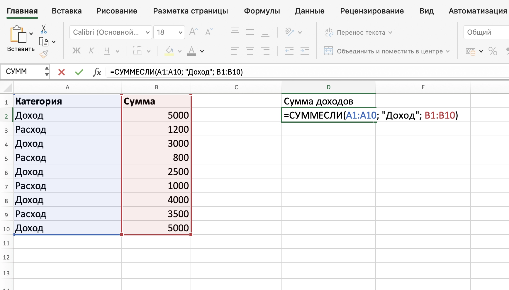 Пример функции СУММЕСЛИ